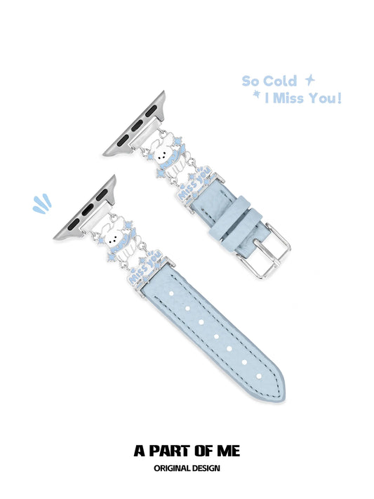 Hello Winter Smog Blue Leather Puppy Apple Watch Band™