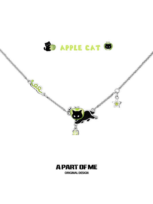 Summer Fruity 18K Platinum Plated Black Kitten & Green Apple Leather Choker™