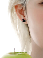 Summer Fruity 18K Platinum Plated Black Kitten & Green Apple Stud Earrings™