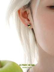 Summer Fruity 18K Platinum Plated Black Kitten & Green Apple Stud Earrings™