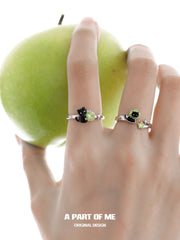 Summer Fruity 925 Sterling Silver Black Kitten & Green Apple Ring™