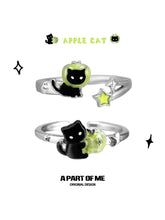 Summer Fruity 925 Sterling Silver Black Kitten & Green Apple Ring™