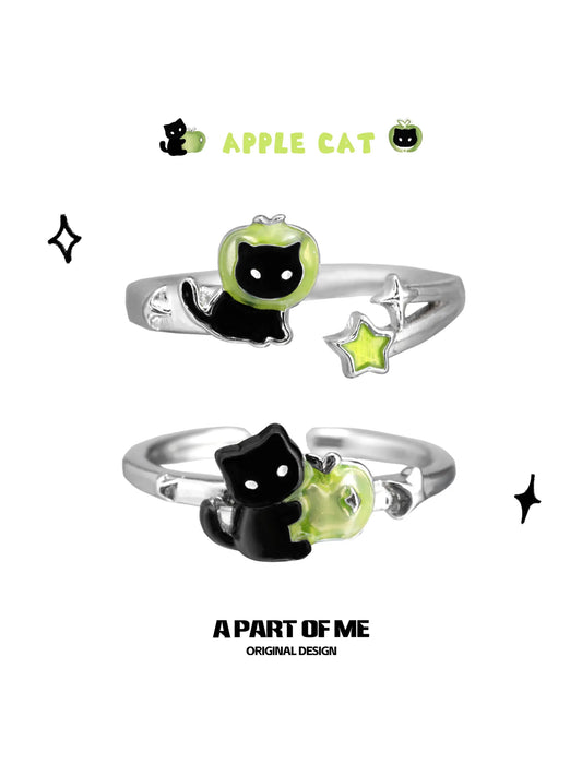 Summer Fruity 925 Sterling Silver Black Kitten & Green Apple Ring™