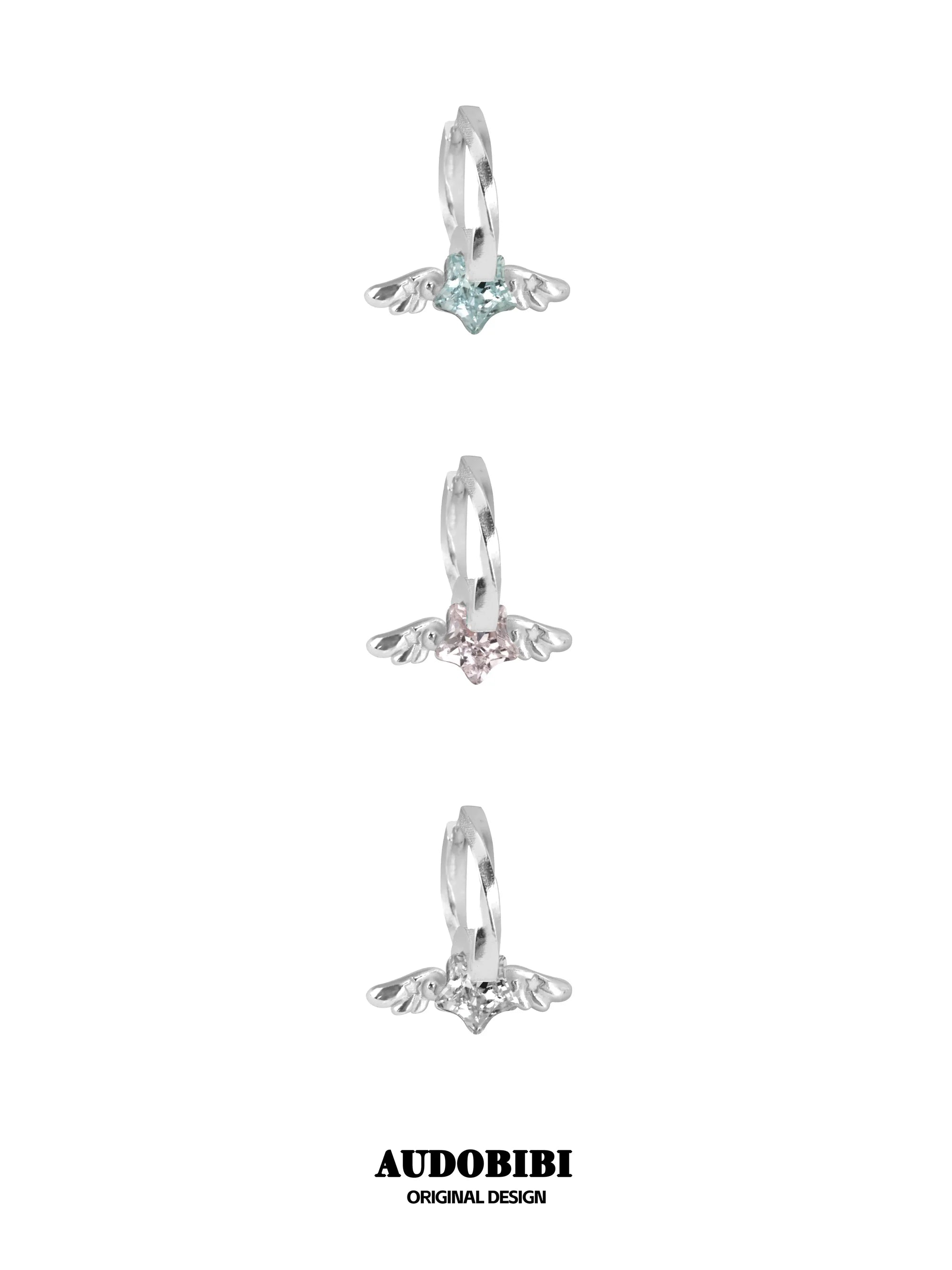 Three mini wing hoop earring colors, viewed from the side.