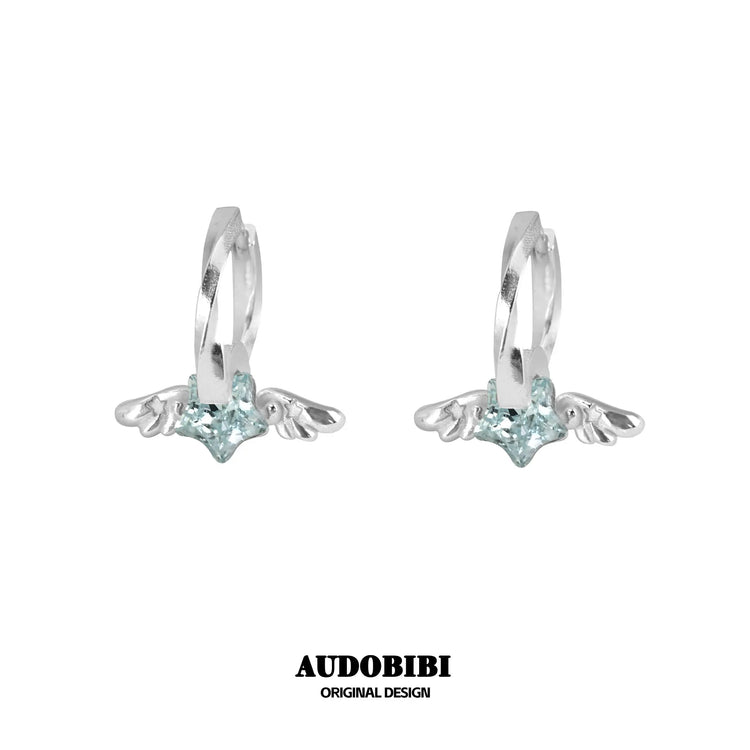 Winged Grace Starlit Angel Mini Wing Hoop Earrings — Blue.
