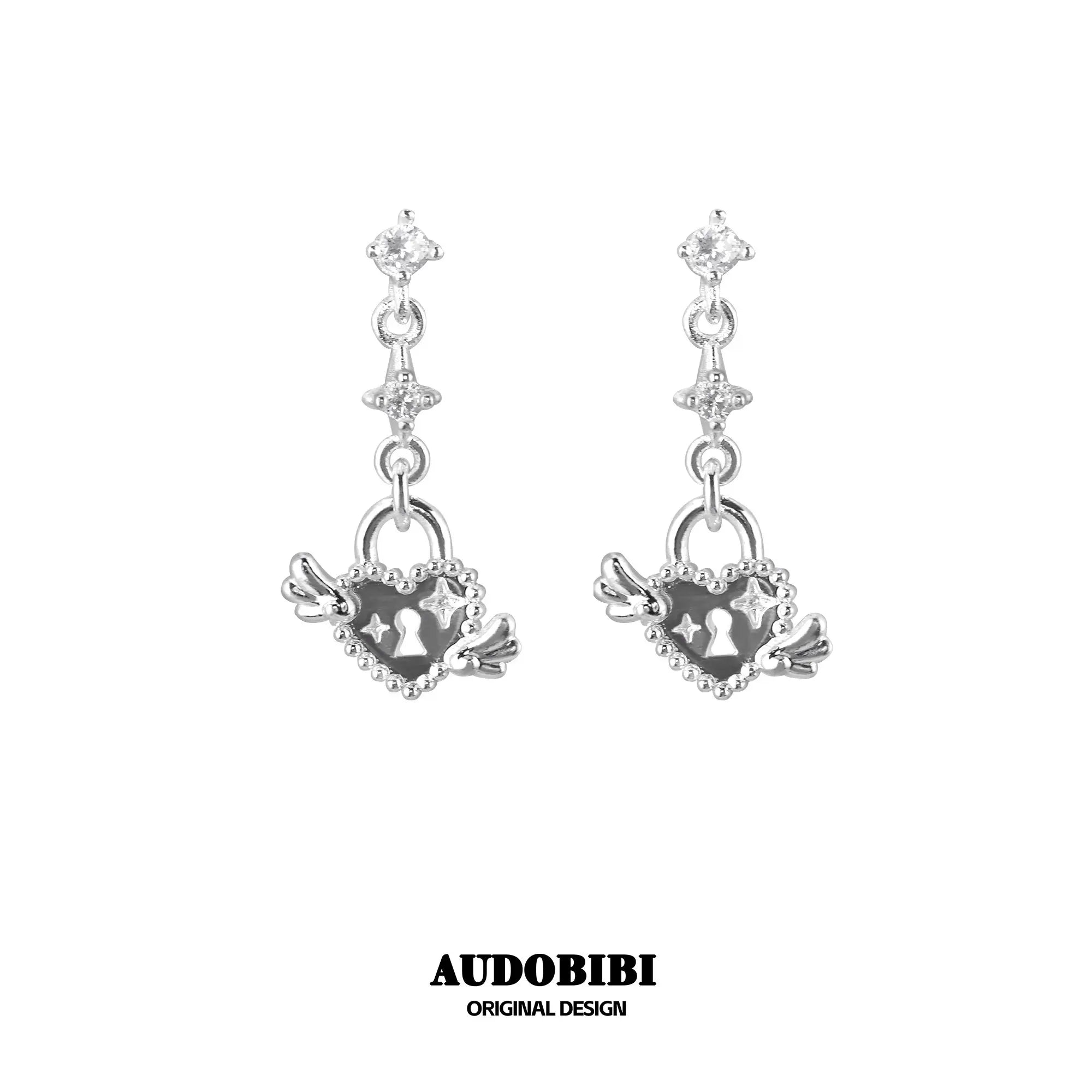 Winged Grace Key & Lock Hoop Earrings — 925 Sterling Silver, Lock.