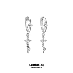 Winged Grace Key & Lock Hoop Earrings — Silver-Plated Brass, Key.