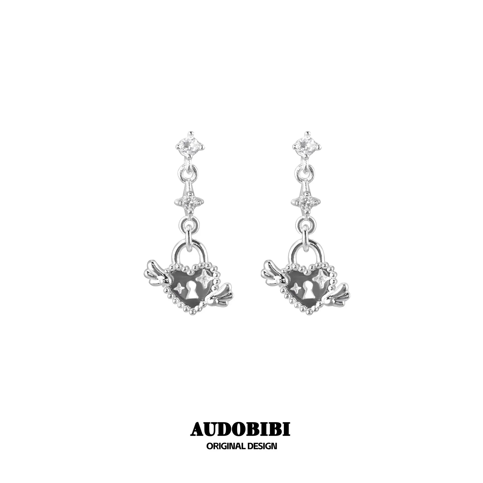 Winged Grace Key & Lock Hoop Earrings — Silver-Plated Brass, Lock.