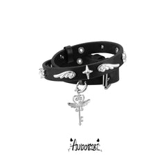 Angel or Devil leather choker and wrap bracelet, variant reference.
