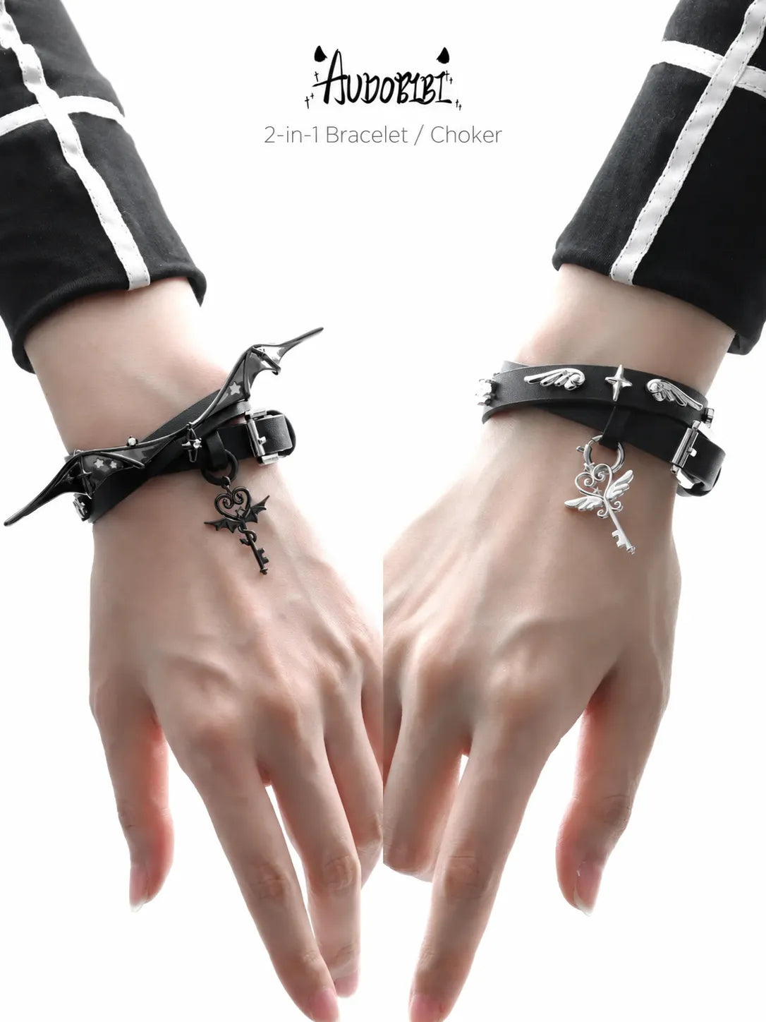 Angel and Devil leather straps with winged hardware, shown worn as bracelets.