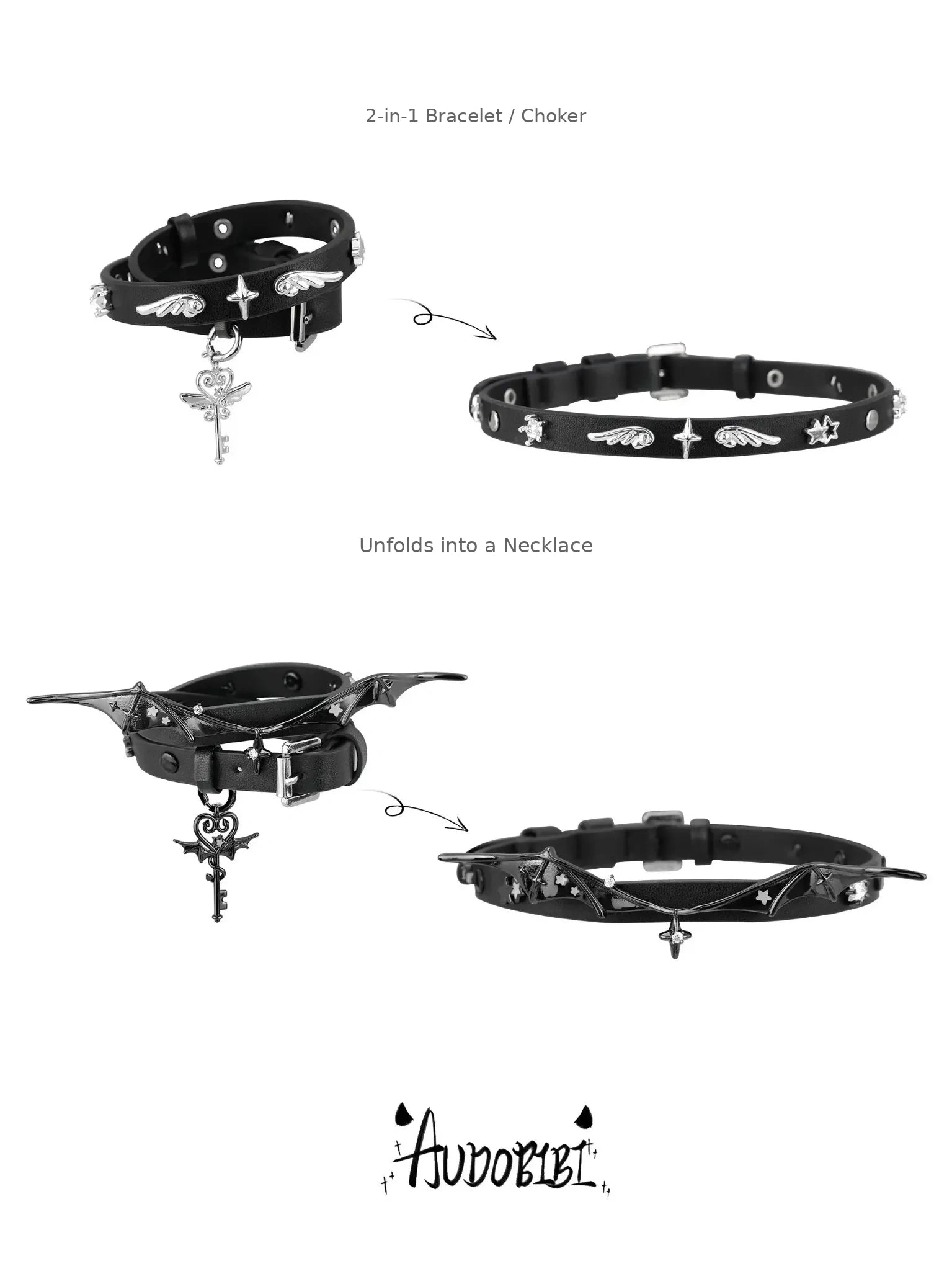 Angel and Devil leather straps with winged hardware, shown worn as bracelets.