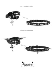 Angel and Devil leather straps with winged hardware, shown worn as bracelets.