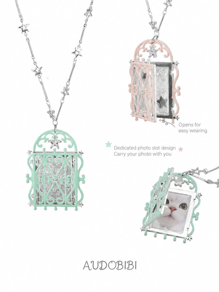 Window-shaped photo locket necklace, shown on the hand or wrist with other jewelry.