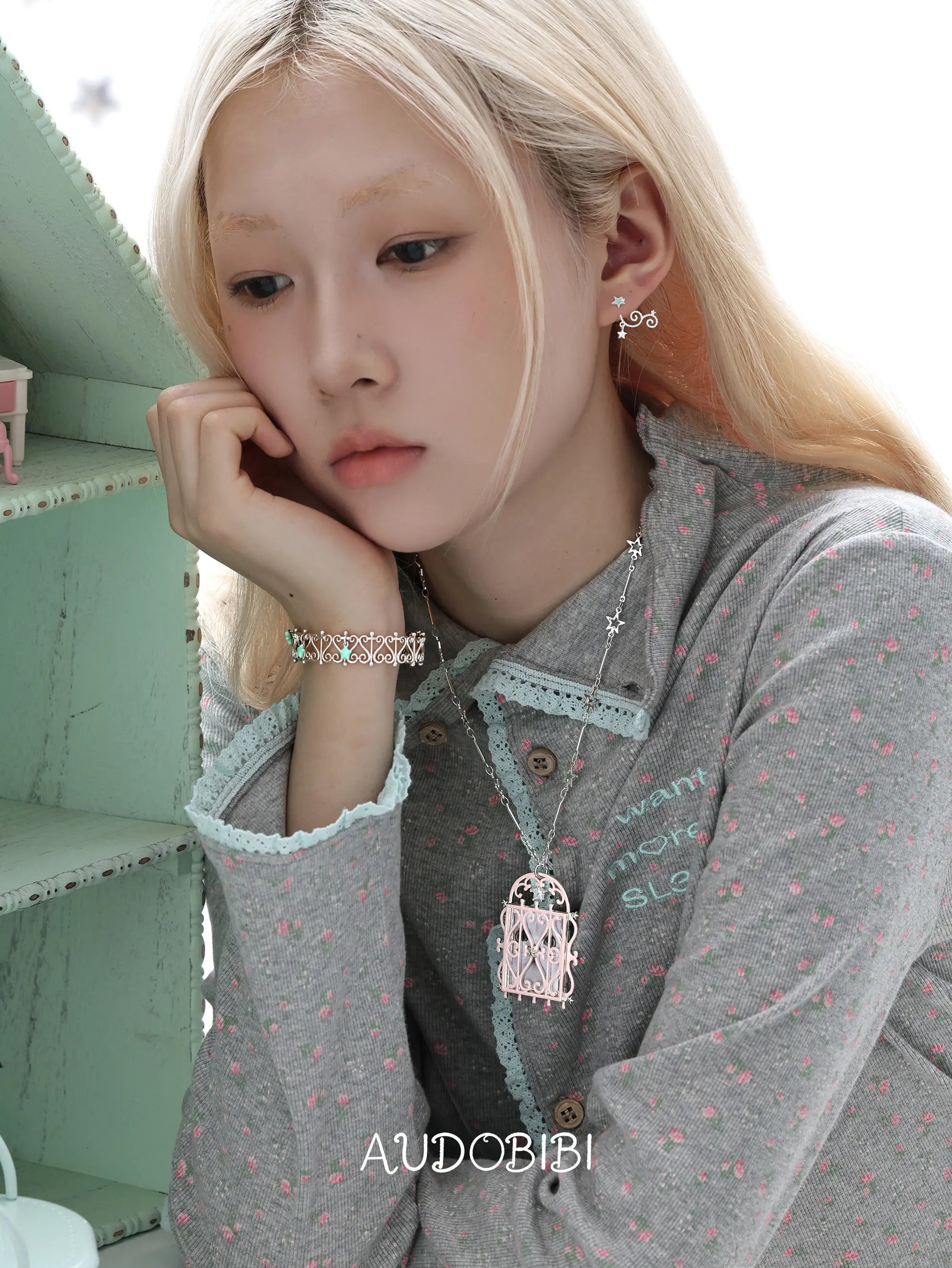 Lily Dream House Photo Locket Long Necklace, shown worn by a model.