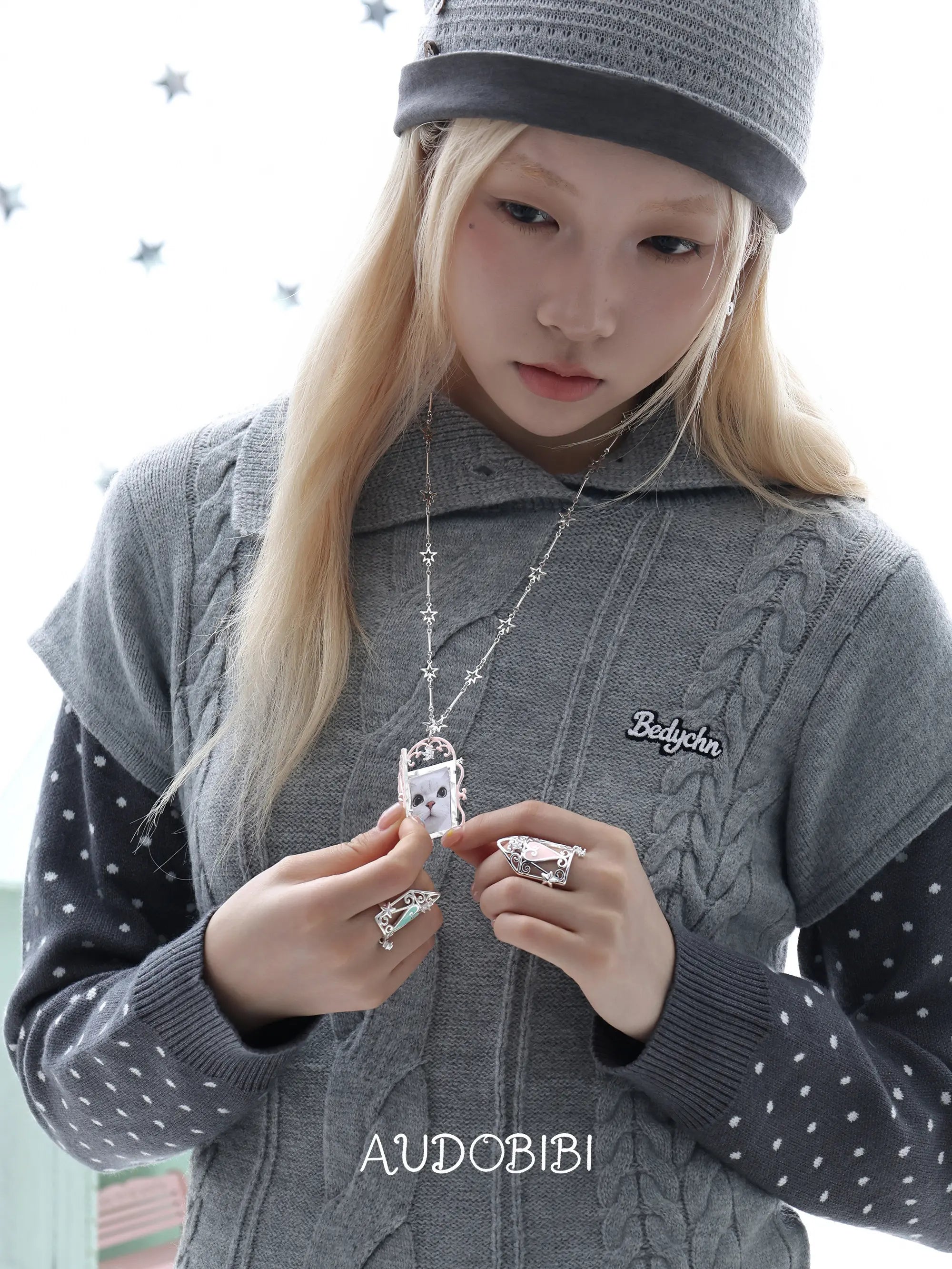 Lily Dream House Photo Locket Long Necklace, shown worn by a model.