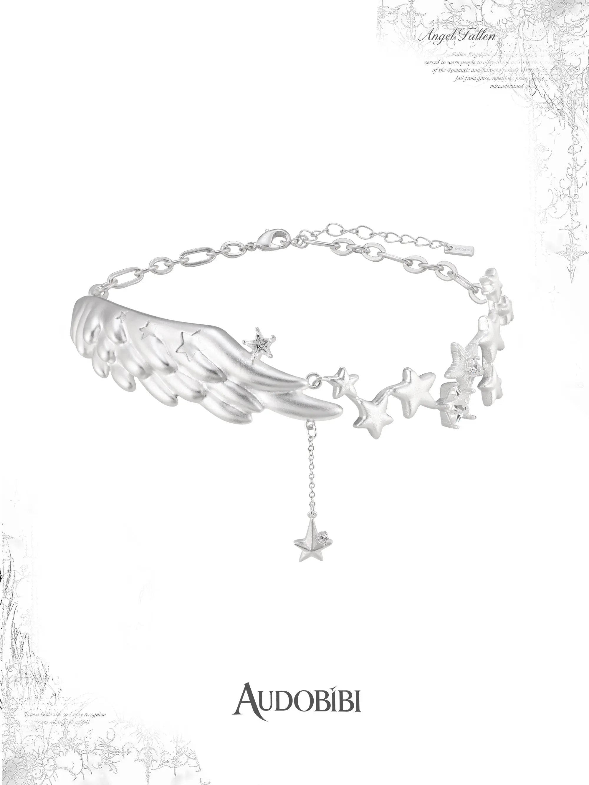 Wing-and-star pendant necklace with a small hanging star.