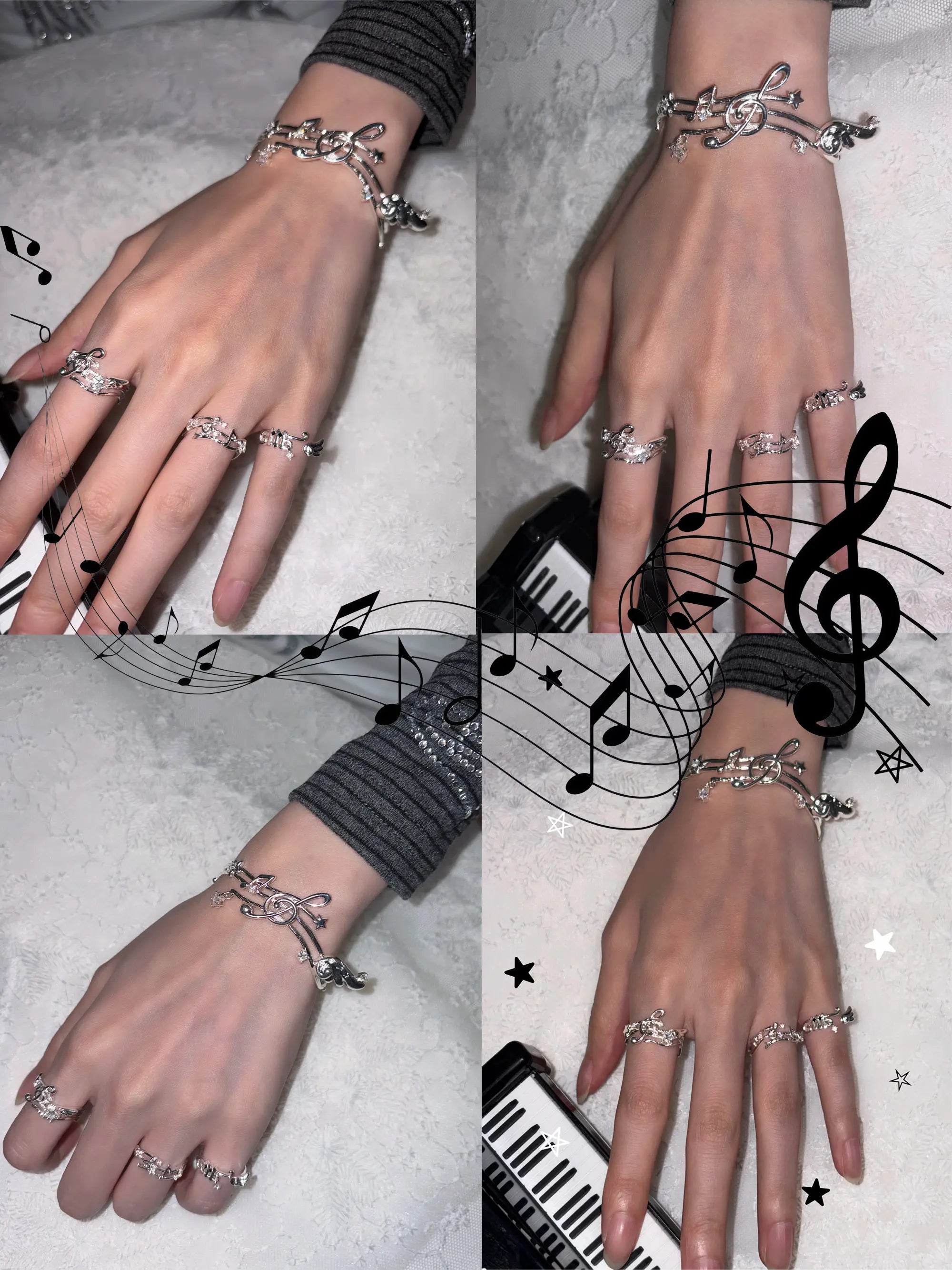 Musical-note pinky ring, shown on the hand or wrist with other jewelry.