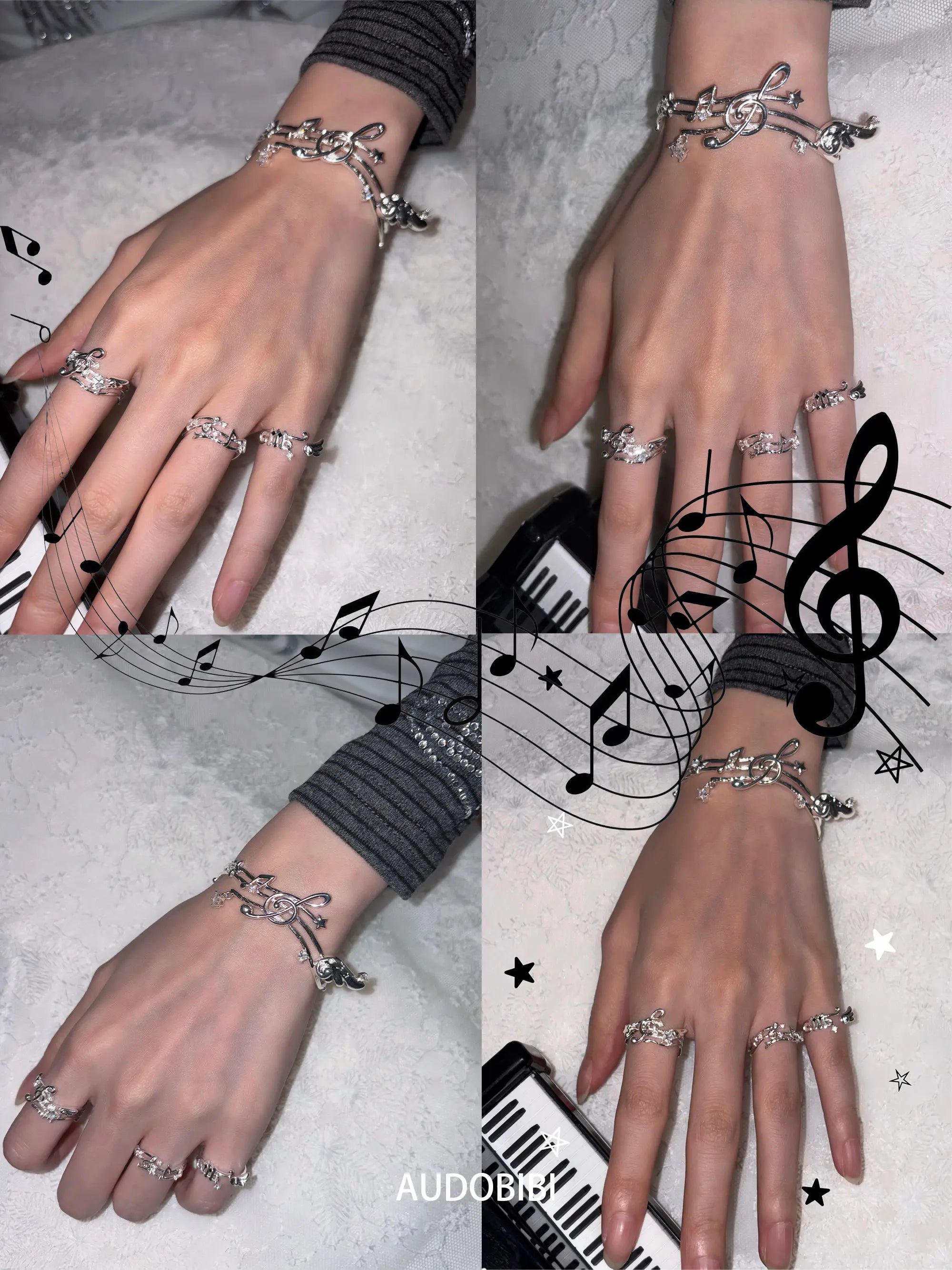 Musical-staff open bangle, shown on the hand or wrist with other jewelry.