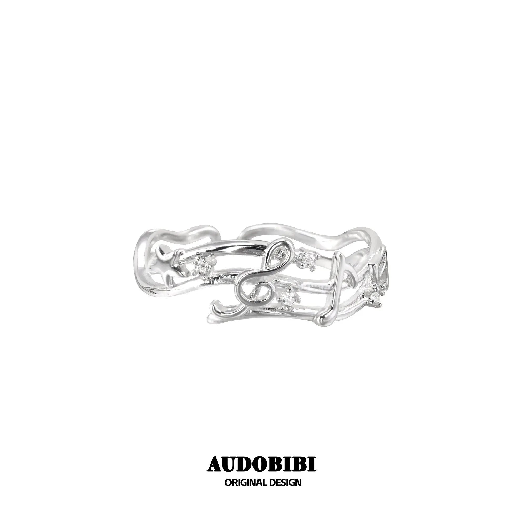 Winged Grace Memory Étude Musical Note Open Ring — Design A, Silver-Plated Brass.