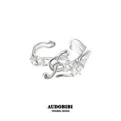 Winged Grace Memory Étude Musical Note Open Ring — Design B, Silver-Plated Brass.