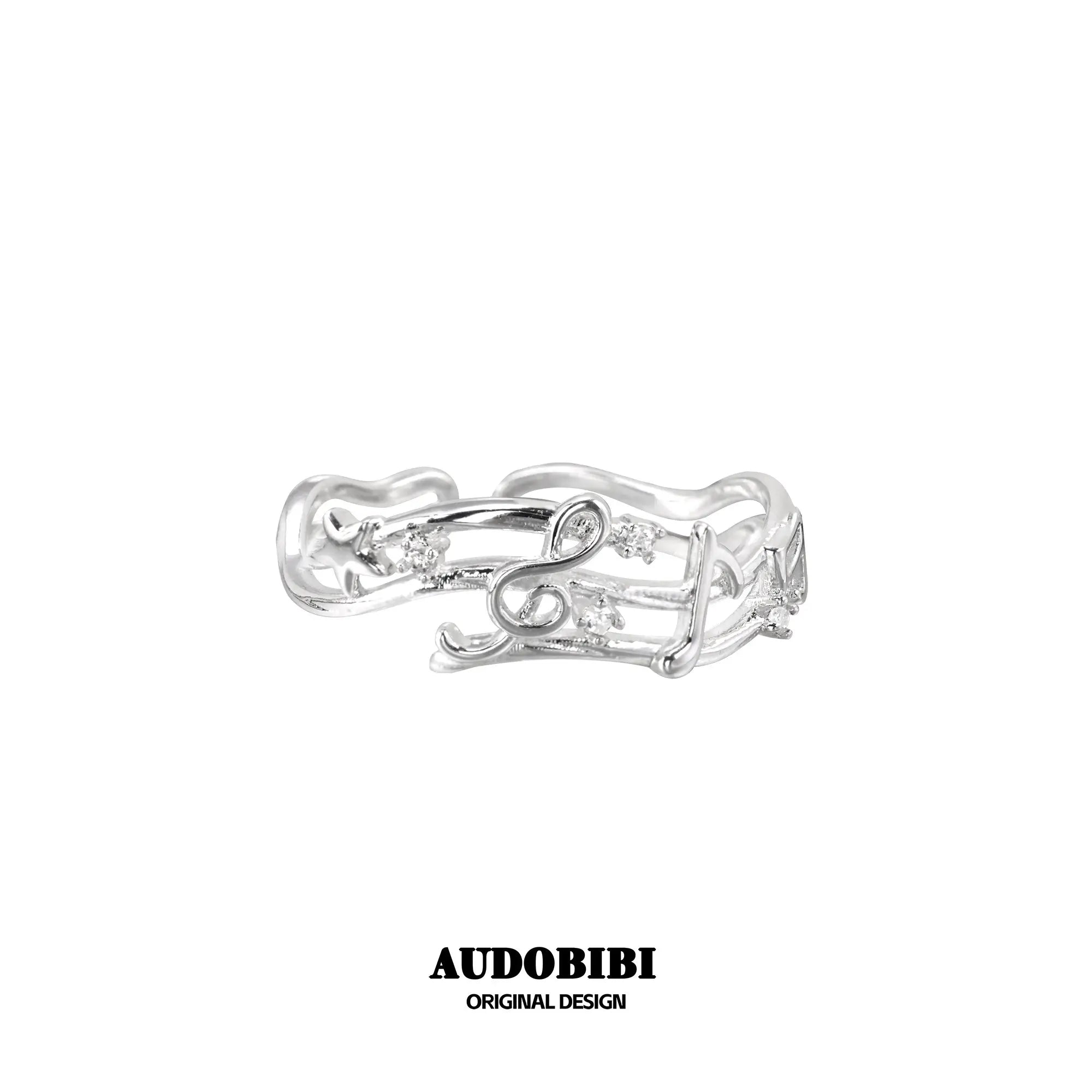 Winged Grace Memory Étude Musical Note Open Ring — Design A, 925 Sterling Silver.