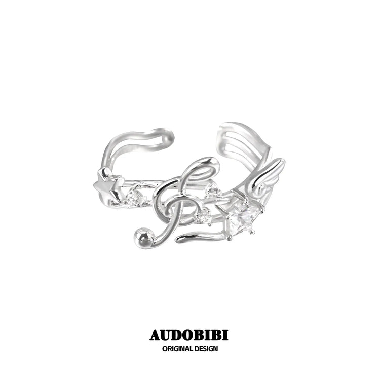 Winged Grace Memory Étude Musical Note Open Ring — Design B, 925 Sterling Silver.