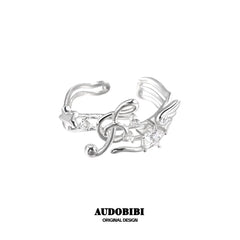 Winged Grace Memory Étude Musical Note Open Ring — Design B, 925 Sterling Silver.