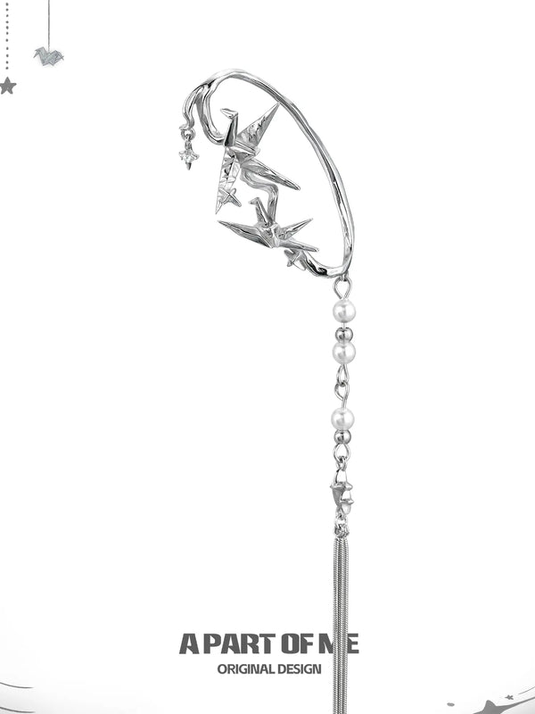 Corigami Era Platinum-Plated Design Pearl Tassel Paper Crane Ear Cuffs Ear Climbers™