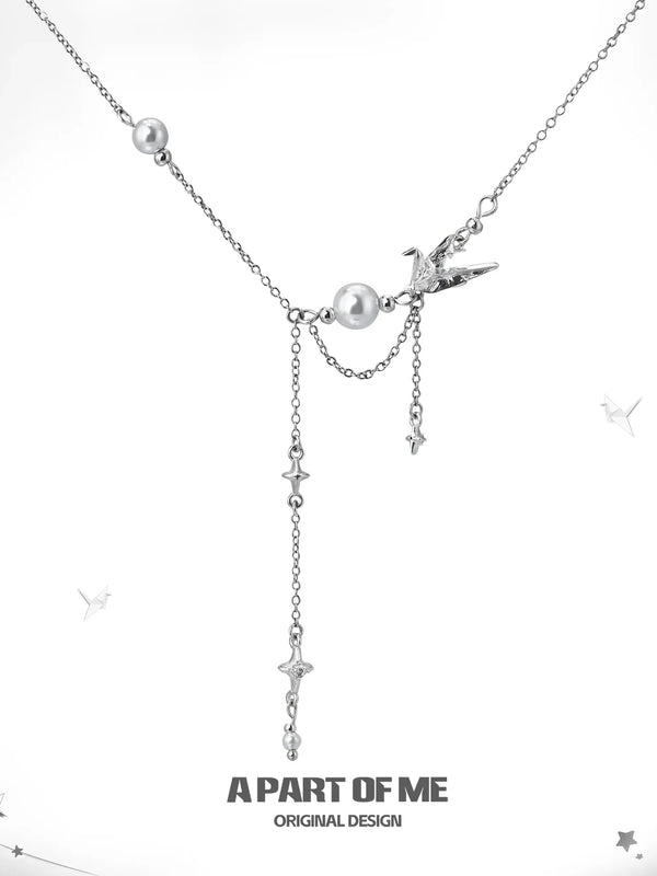 Corigami Era プラチナプレート パール折り鶴レイヤードネックレス™