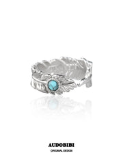 Divine Plume Neo-Chinese Style 925 Sterling Silver Turquoise Feather Adjustable-Opening Ring™