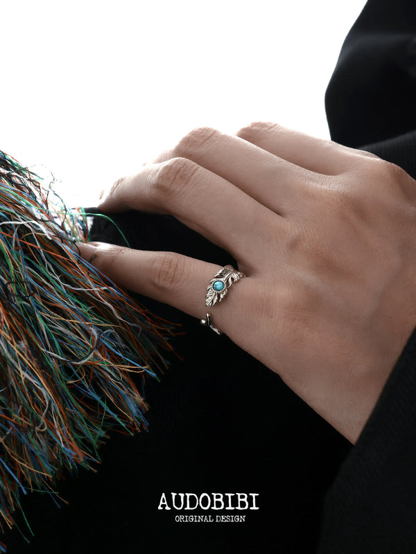 Divine Plume Neo-Chinese Style 925 Sterling Silver Turquoise Feather Adjustable-Opening Ring™