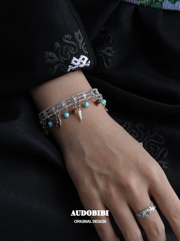 Divine Plume Neo-Chinese Style 925 Sterling Silver Turquoise Feather Adjustable-Opening Ring™