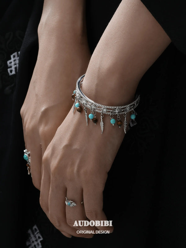Divine Plume Neo-Chinese Style 925 Sterling Silver Turquoise Feather Adjustable-Opening Ring™