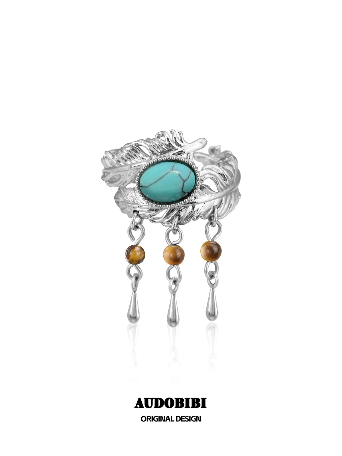 Divine Plume Neo-Chinese Style 925 Sterling Silver Turquoise and Tiger's Eye Ethnic-Style Feather Ring™