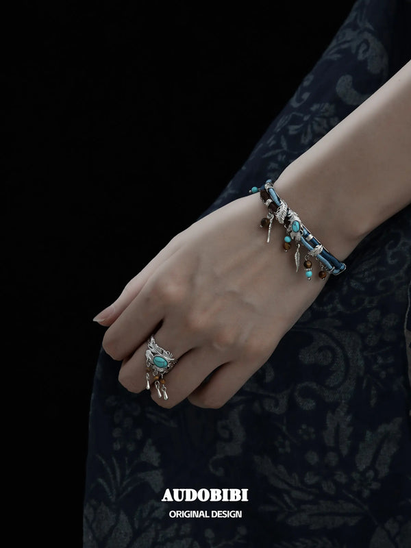 Divine Plume Neo-Chinese Style 925 Sterling Silver Turquoise and Tiger's Eye Ethnic-Style Feather Ring™