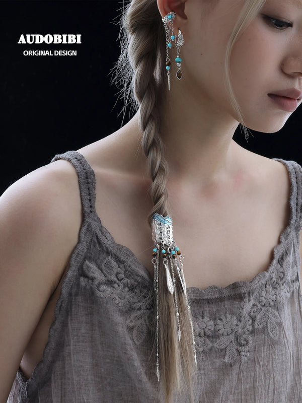 Divine Plume Neo-Chinese Style Feather Ethnic-Style Turquoise and Tiger's Eye Tassel Feather Hair Clip™