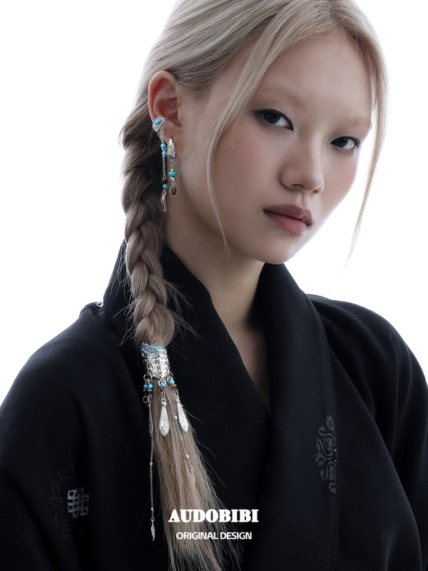 Divine Plume Neo-Chinese Style Feather Ethnic-Style Turquoise and Tiger's Eye Tassel Feather Hair Clip™