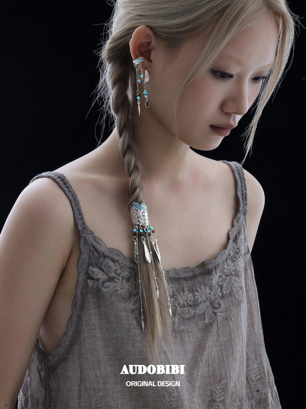 Divine Plume Neo-Chinese Style Feather Ethnic-Style Turquoise and Tiger's Eye Tassel Feather Hair Clip™