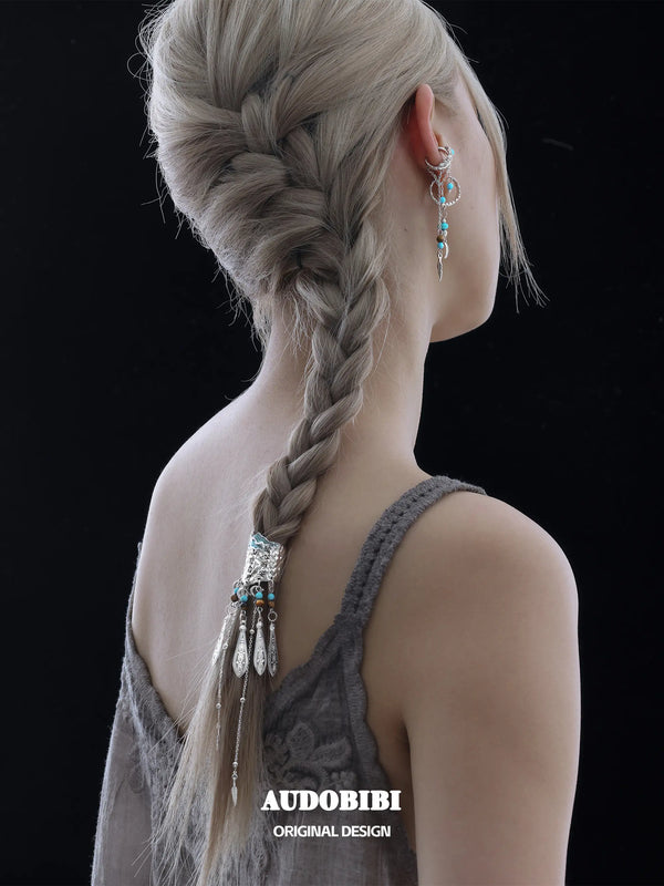 Divine Plume Neo-Chinese Style Feather Ethnic-Style Turquoise and Tiger's Eye Tassel Feather Hair Clip™