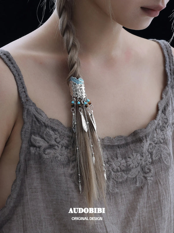 Divine Plume Neo-Chinese Style Feather Ethnic-Style Turquoise and Tiger's Eye Tassel Feather Hair Clip™