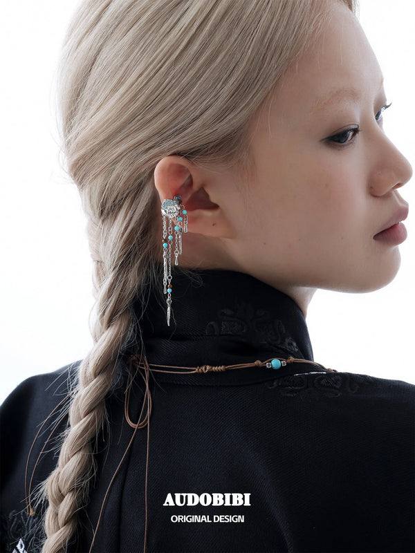 Divine Plume Neo-Chinese Style Platinum Plating Ethnic-Style Turquoise Tassel Feather Ear Clip Ear Cuff™