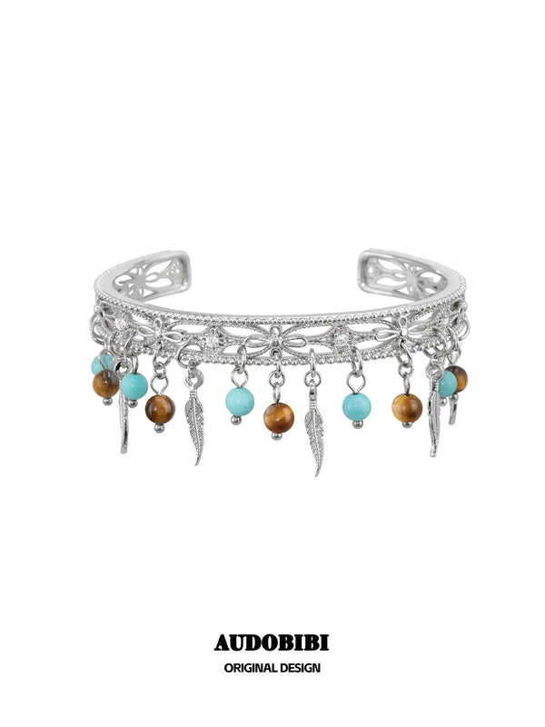 Divine Plume Neo-Chinese Style Platinum Plating Feather Ethnic-Style Turquoise and Tiger's Eye Feather Bracelet Bangle™