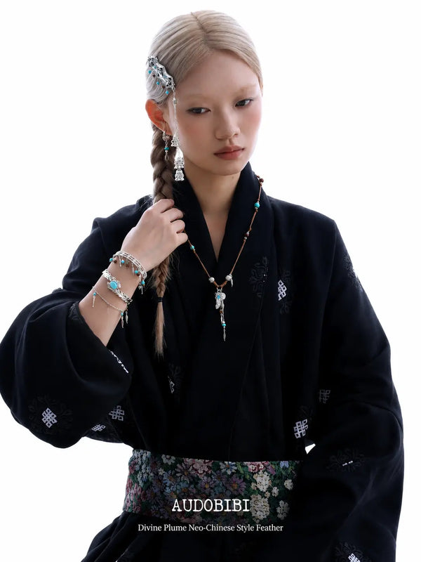 Divine Plume Neo-Chinese Style Platinum Plating Feather Ethnic-Style Turquoise and Tiger's Eye Feather Bracelet Bangle™