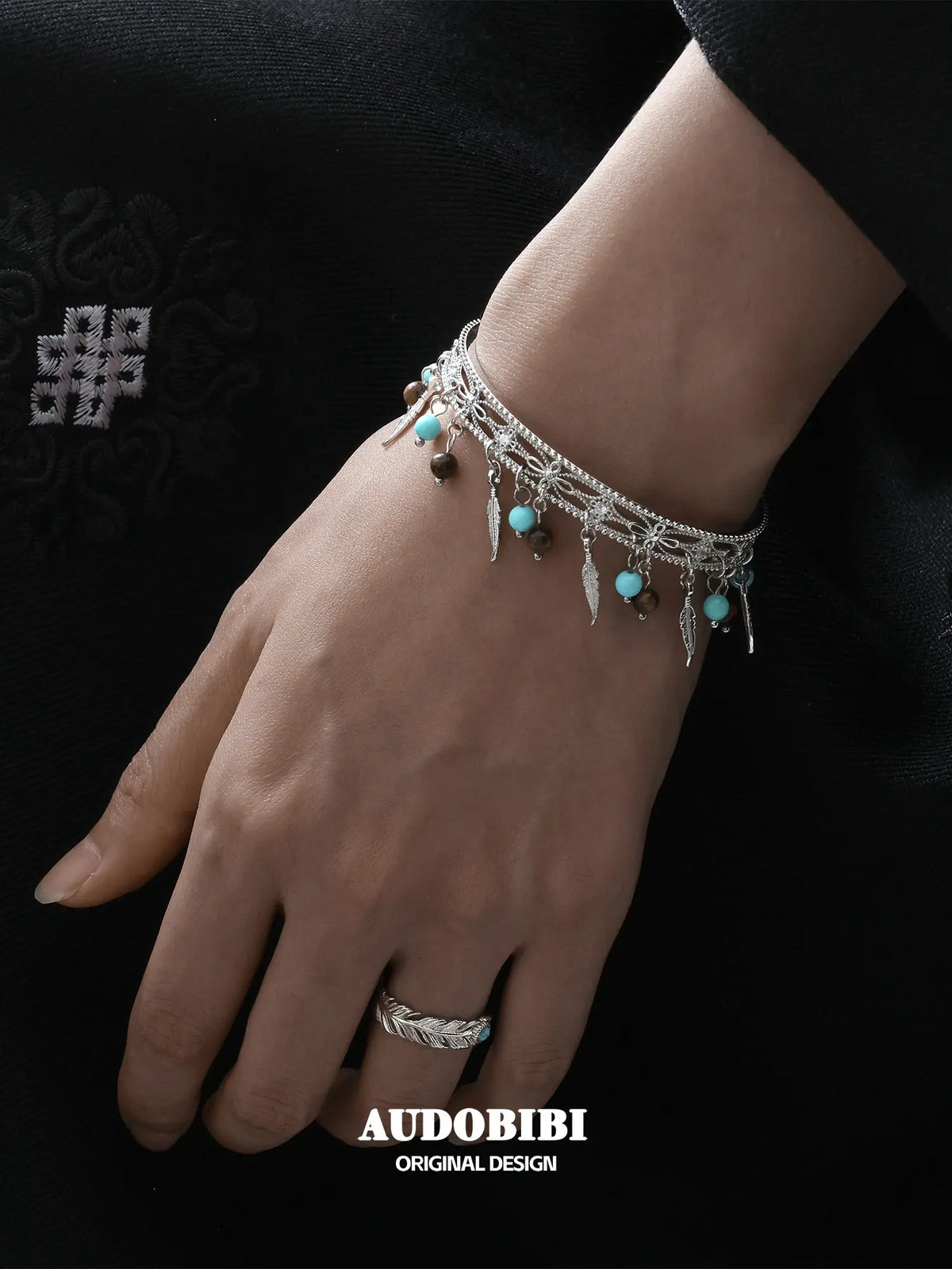 Divine Plume Neo-Chinese Style Platinum Plating Feather Ethnic-Style Turquoise and Tiger's Eye Feather Bracelet Bangle™
