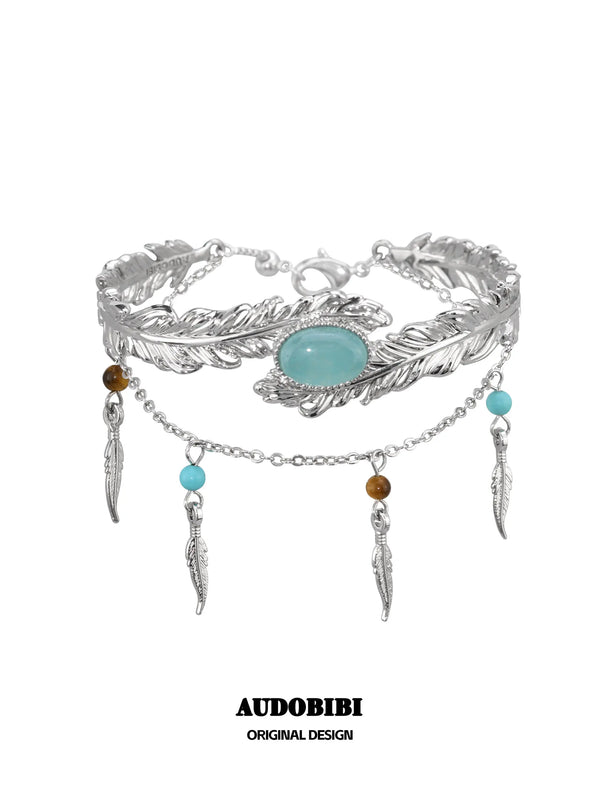 Divine Plume Neo-Chinese Style Platinum Plating Feather Ethnic-Style Turquoise and Tiger's Eye Tassel Feather Bracelet™