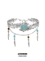 Divine Plume Neo-Chinese Style Platinum Plating Feather Ethnic-Style Turquoise and Tiger's Eye Tassel Feather Bracelet™