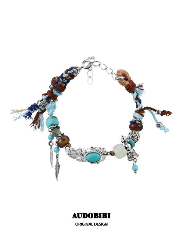 Divine Plume Neo-Chinese Style Tibetan Silver, Agate, Turquoise & Jade Ethnic-Style Braided Bracelet ™