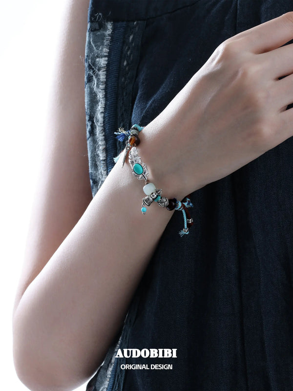 Divine Plume Neo-Chinese Style Tibetan Silver, Agate, Turquoise & Jade Ethnic-Style Braided Bracelet ™