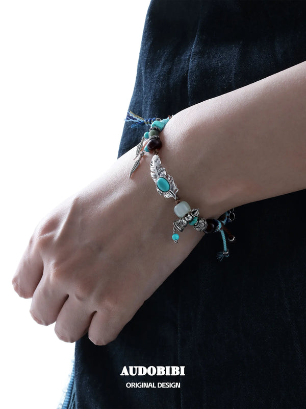 Divine Plume Neo-Chinese Style Tibetan Silver, Agate, Turquoise & Jade Ethnic-Style Braided Bracelet ™