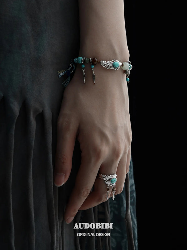Divine Plume Neo-Chinese Style Tibetan Silver, Agate, Turquoise & Jade Ethnic-Style Braided Bracelet ™